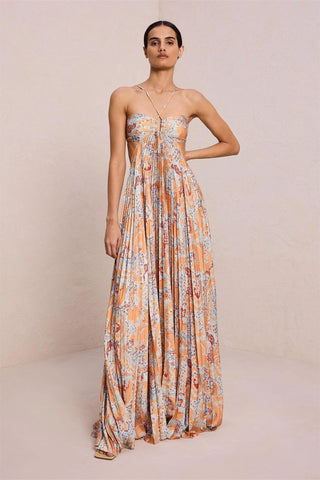 A.L.C. Moira Women's Orange Paisley Sleeveless Halter Neck Spaghetti Strap Cut-Out Pleated Maxi Dress