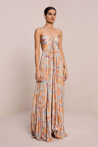 A.L.C. Moira Women's Orange Paisley Sleeveless Halter Neck Spaghetti Strap Cut-Out Pleated Maxi Dress