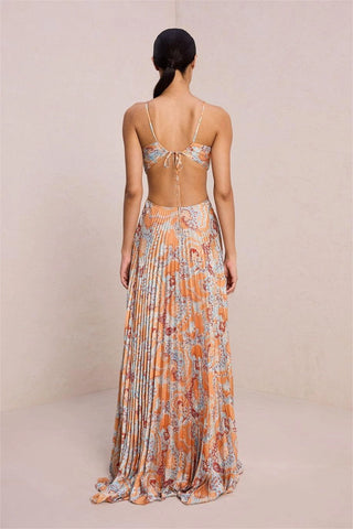 A.L.C. Moira Women's Orange Paisley Sleeveless Halter Neck Spaghetti Strap Cut-Out Pleated Maxi Dress