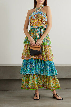 Alemais Dreamer Belted Tiered Printed Linen And Ramie Maxi Dress