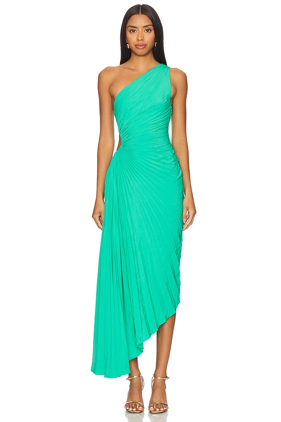 A.L.C. Delfina Women's Green Satin Side Cut-Out High-Low Asymmetric He – TheFabNest