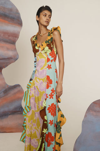 Alemais Poppy Spliced Women's Multicolor Floral Trim Scoop Neck Sleeveless Ruffle Hem Midi Dress
