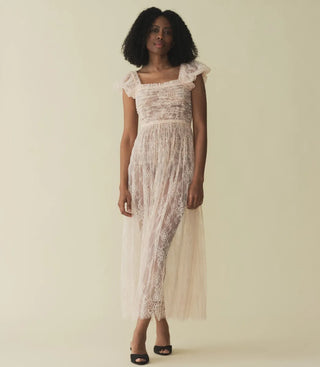 DÔEN Pamelina Women's Pink Lace Trimmed Square Neck Ruffle Tulle-Lined Short Puffed Sleeve Midi Dress