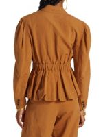 Ulla Johnson Marras Women's Brown Silk Blend Elasticized Waist Long Sleeves Notch Lapel Peplum Hem Jacket