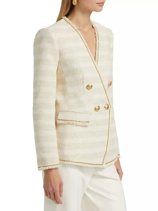 Kobi Halperin Hesper Women's Beige Striped Tweed Metallic Trim Double-Breasted Blazer Jacket