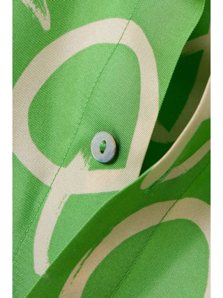 Olivia Von Halle Women's Green Twill Silk Relaxed Long Sleeve Collared Button Up Kick Printed Pajama Set