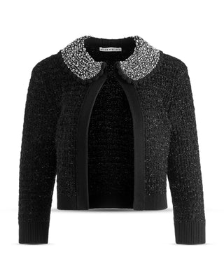 Alice + Olivia Akira Women's Black Wool Textured Embellished Crystals Peter Pan Collared Cardigan Sweater