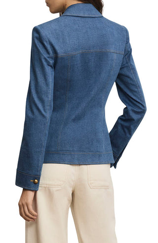 Veronica Beard Randy Women's Blue Denim Cotton Lined Notched Lapel Long Sleeve Front Button Dickey Jacket