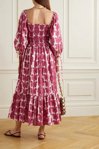 Cara Cara Jazzy Shirred Women's Red Cotton Paisley Print Short Puff Sleeve Square Neck Smocked Midi Dress