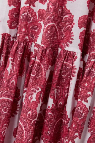 Cara Cara Jazzy Shirred Women's Red Cotton Paisley Print Short Puff Sleeve Square Neck Smocked Midi Dress