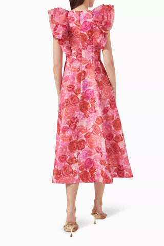 Aje Enchanted Women's Pink Floral Linen-Blend Fluttery Organza Ruffles Plunged Deep V-Neckline Midi Dress