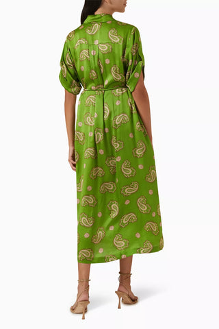 Alemais Dice Women's Green Satin Paisley All-Over Print Silk Roll Tab Sleeve Point Collared Midi Shirt Dress
