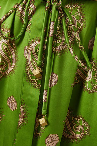 Alemais Dice Women's Green Satin Paisley All-Over Print Silk Roll Tab Sleeve Point Collared Midi Shirt Dress