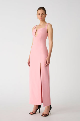 Misha Franka Women's Pink Lined Crepe Split Neck Wide Strap Front Slit Hem Sleeveless Bodycon Maxi Gown Dress