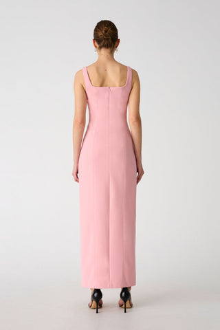Misha Franka Women's Pink Lined Crepe Split Neck Wide Strap Front Slit Hem Sleeveless Bodycon Maxi Gown Dress