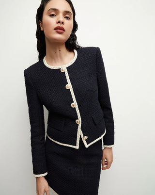 Veronica Beard Womens Black Tweed Front Button Detail Cropped Blazer Coat