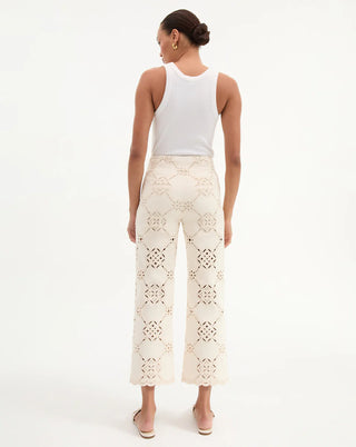 Veronica Beard Dova Beige Cotton High-Rise Unlined Eyelet Scalloped Hem Cropped Wide-Leg Pant