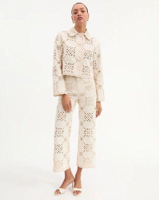 Veronica Beard Dova Beige Cotton High-Rise Unlined Eyelet Scalloped Hem Cropped Wide-Leg Pant