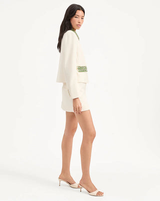 Veronica Beard Imogen Women's Off-White Glittering Emerald Rhinestones Embellished Boxy Cropped Collared Jacket