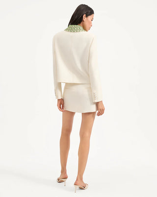 Veronica Beard Imogen Women's Off-White Glittering Emerald Rhinestones Embellished Boxy Cropped Collared Jacket
