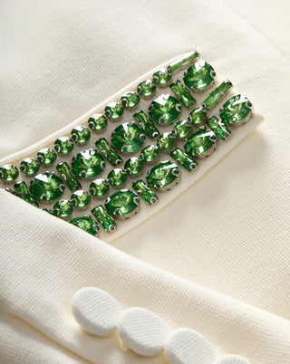 Veronica Beard Imogen Women's Off-White Glittering Emerald Rhinestones Embellished Boxy Cropped Collared Jacket