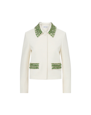Veronica Beard Imogen Women's Off-White Glittering Emerald Rhinestones Embellished Boxy Cropped Collared Jacket