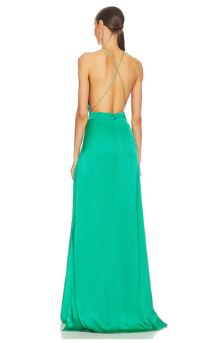Sau Lee Porter Backless Gown In Jade Green Halter Satin Slit Maxi Dres TheFabNest Sau Lee Porter Backless Gown In Jade Green Halter Satin Slit Maxi Dres TheFabNest
