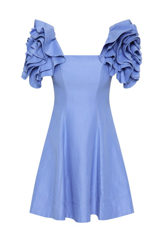 Aje Twyla Women's Blue Polyester Strapless Draped Flower Off The Shoulder Sleeves Fit & Flare Mini Dress