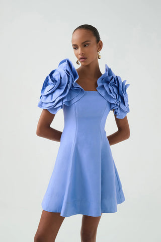 Aje Twyla Women's Blue Polyester Strapless Draped Flower Off The Shoulder Sleeves Fit & Flare Mini Dress