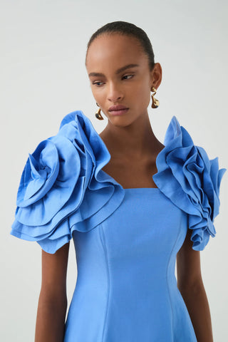 Aje Twyla Women's Blue Polyester Strapless Draped Flower Off The Shoulder Sleeves Fit & Flare Mini Dress