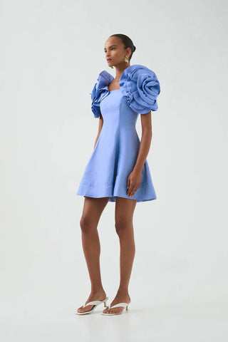 Aje Twyla Women's Blue Polyester Strapless Draped Flower Off The Shoulder Sleeves Fit & Flare Mini Dress