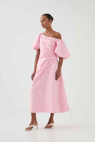 ruched asymmetric midi dress in blush Womens Sosandar Pink Asymmetric Ruched Midi Dress US 14
