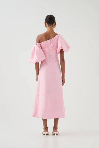 ruched asymmetric midi dress in blush Ruched Asymmetric Midi Dress in Blush