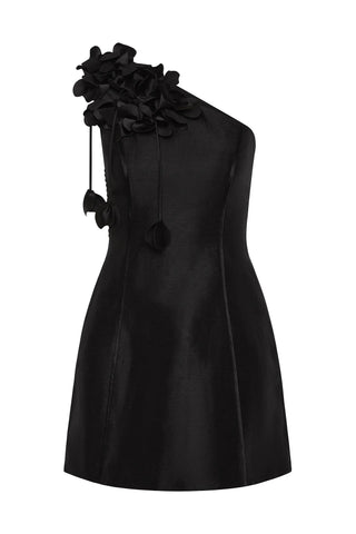 Aje Camille Women's Black Linen Floral Motifs Fitted Asymmetrical One-Shoulder Mini Fit & Flare Dress