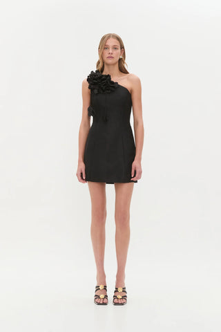 Aje Camille Women's Black Linen Floral Motifs Fitted Asymmetrical One-Shoulder Mini Fit & Flare Dress