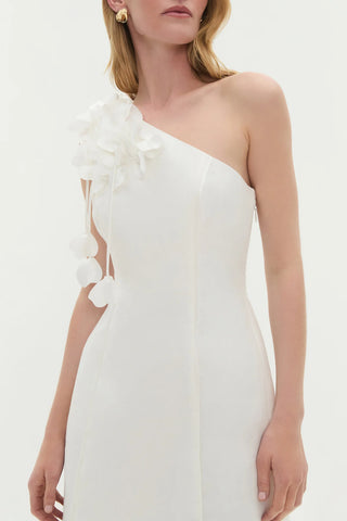 Aje Camille Women's Ivory Linen Floral Motifs Fitted Asymmetrical One-Shoulder Mini Fit & Flare Dress