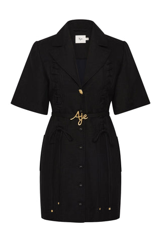 Aje Ana Women's Black Relaxed Fit Lace Up Detail Front Button Belted Lapel Collared Short Sleeve Mini Shirt Dress