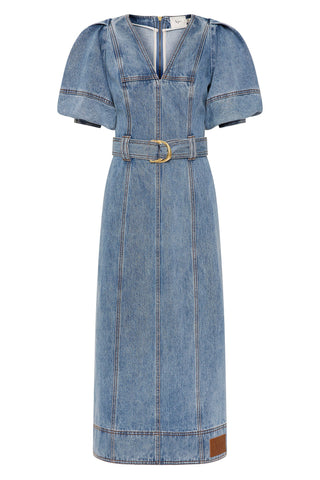 Aje Juno Women's Blue Denim Cotton Puff Sleeves Back Slit Belted Leather Logo Patch V-Neck Fit & Flare Midi Dress