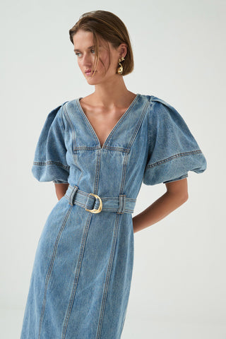 Aje Juno Women's Blue Denim Cotton Puff Sleeves Back Slit Belted Leather Logo Patch V-Neck Fit & Flare Midi Dress