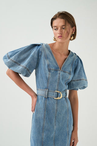 Aje Juno Women's Blue Denim Cotton Puff Sleeves Back Slit Belted Leather Logo Patch V-Neck Fit & Flare Midi Dress