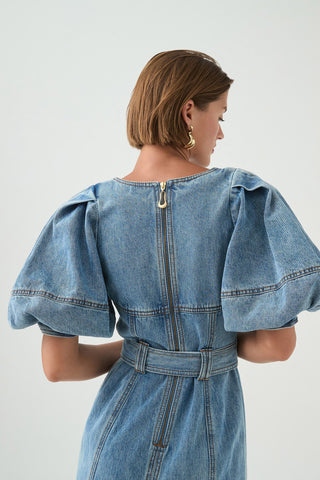 Aje Juno Women's Blue Denim Cotton Puff Sleeves Back Slit Belted Leather Logo Patch V-Neck Fit & Flare Midi Dress