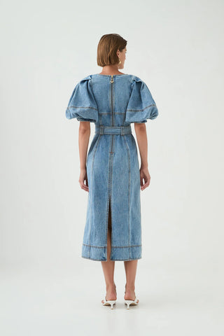 Aje Juno Women's Blue Denim Cotton Puff Sleeves Back Slit Belted Leather Logo Patch V-Neck Fit & Flare Midi Dress