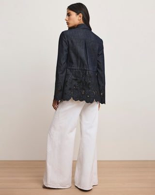 Veronica Beard Kiki Women's Navy Chambray Cotton Point Collar Floral Eyelet Embroidery Cinched Field Jacket