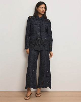 Veronica Beard Kiki Women's Navy Chambray Cotton Point Collar Floral Eyelet Embroidery Cinched Field Jacket