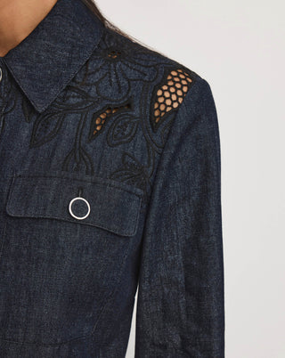 Veronica Beard Kiki Women's Navy Chambray Cotton Point Collar Floral Eyelet Embroidery Cinched Field Jacket
