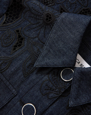Veronica Beard Kiki Women's Navy Chambray Cotton Point Collar Floral Eyelet Embroidery Cinched Field Jacket