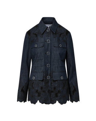 Veronica Beard Kiki Women's Navy Chambray Cotton Point Collar Floral Eyelet Embroidery Cinched Field Jacket