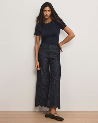 Veronica Beard Osborne Women's Navy Chambray Cotton Floral Eyelet Embroidery Scalloped-Hem Wide-Leg Pant
