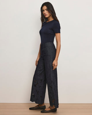 Veronica Beard Osborne Women's Navy Chambray Cotton Floral Eyelet Embroidery Scalloped-Hem Wide-Leg Pant