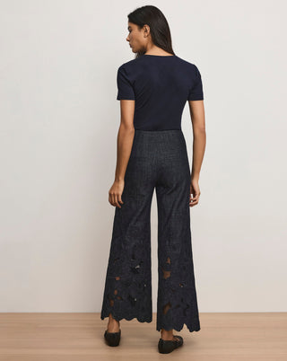 Veronica Beard Osborne Women's Navy Chambray Cotton Floral Eyelet Embroidery Scalloped-Hem Wide-Leg Pant